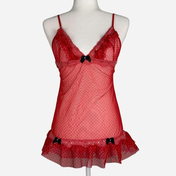 Leg Avenue Dresses & Skirts - Red polka dot lace babydoll teddy mini slip dress bow lingerie - Leg Avenue